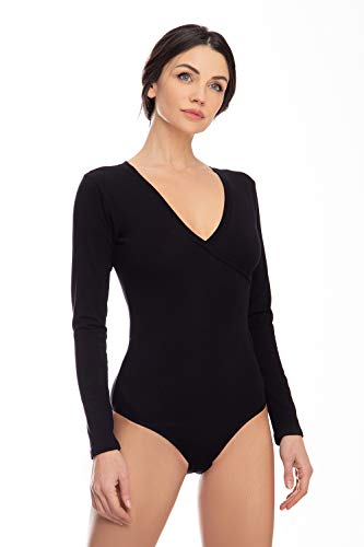 Evoni Damen Body langarm I blickdichter Bodysuit mit V-Ausschnitt für Frauen I Langarmbody aus Baumwolle I Body Shaper mit Verschluß I Jumpsuit XL schwarz von Evoni