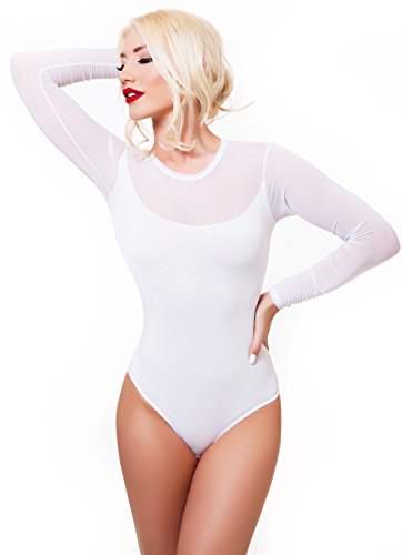 Evoni Damen Body Langarmbody mit transparenten Ärmeln weiß L von Evoni