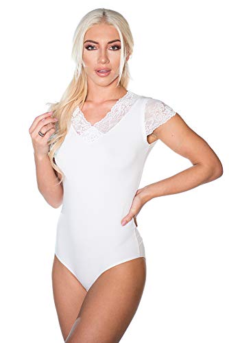 Evoni Damen-Body in Weiss | Kurzarm-Bodysuit mit Spitzenärmeln |Oberteil mit Verschluß-Haken | Nicht nur Unterwäsche | kurzarmes Baumwoll Shirt Damen | Spitzen-Dekolleté , Weiß, M von Evoni