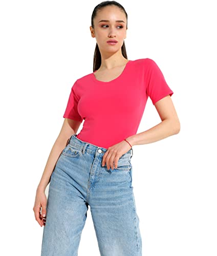 Evoni Damenbody mit kurzen Ärmeln und Rundhals I Damen T-Shirt I Bodysuit Women I Unterzieh-Body I Kurzarm-Body mit optimaler Passform Viva Magenta M von Evoni