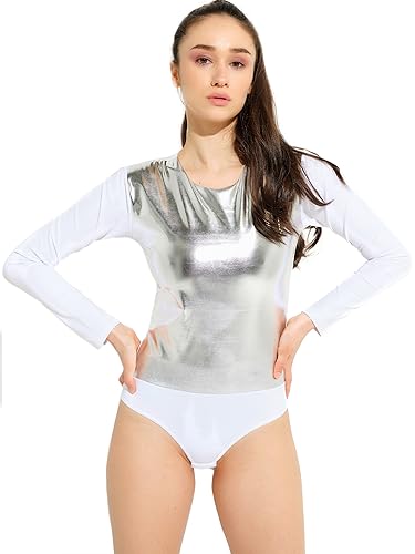 Evoni Damen Body langarm I eleganter Women Bodysuit | Langarmbody mit Rundhals I Blusenbody aus Baumwolle I Metallic Body Shaper (Weiß, XXL) von Evoni