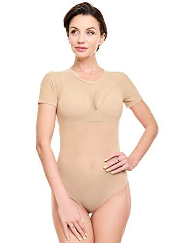 Evoni Damen Body transparent Kurzarmbody L beige von Evoni