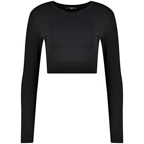 Evoni Damen Crop Top schwarz XXL Langarmshirt aus Baumwolle Bauchfrei von Evoni