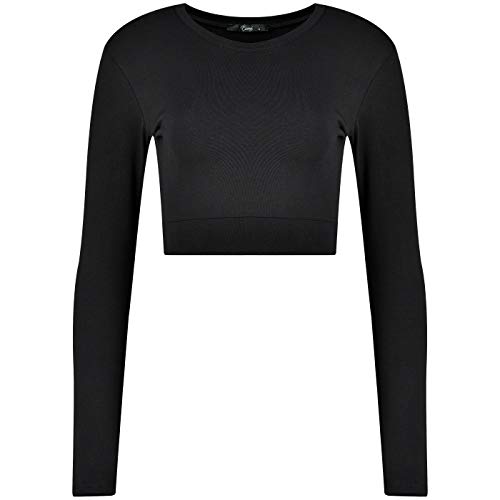 Evoni Damen Langarmshirt aus Baumwolle | Crop Top Langarm | Oberteil bauchfrei | kurzes Shirt Langarm XXL schwarz von Evoni