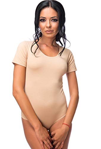 Evoni Damenbody mit kurzen Ärmeln und Rundhals I Damen T-Shirt I Bodysuit Women I Unterzieh-Body aus Baumwolle I Kurzarm-Body mit optimaler Passform Beige M von Evoni