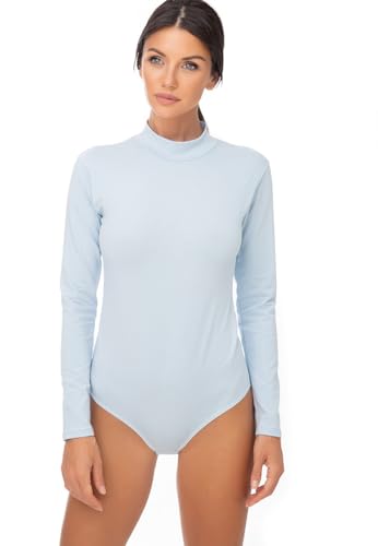 Evoni Damen Body langarm I blickdichter Bodysuit mit Halbkragen für Frauen I Langarmbody aus Baumwolle I Women Body Shaper I Jumpsuit S Hellblau von Evoni