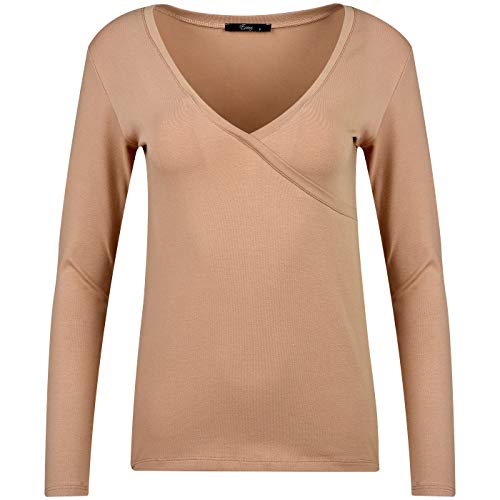 Evoni Damen Langarmshirt aus Baumwolle mit V-Ausschnitt Hellbraun M von Evoni