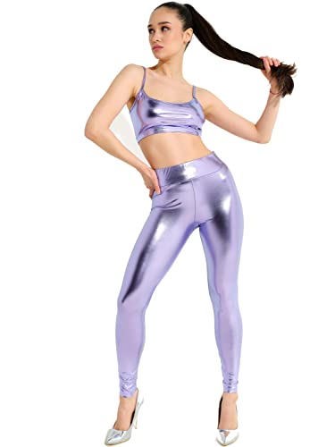 Evoni Damen Leggings High Waist | Lange Hose aus Stretch-Leder | elastische Kunstleder Leggings lila M von Evoni