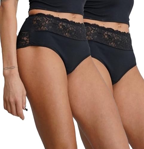 Evoni Damen Unterwäsche Set l Brazilian Slips aus Baumwolle l sexy 2er Wäsche-Set mit Spitze l atmungsaktive Unterhosen XXL Schwarz+Schwarz von Evoni