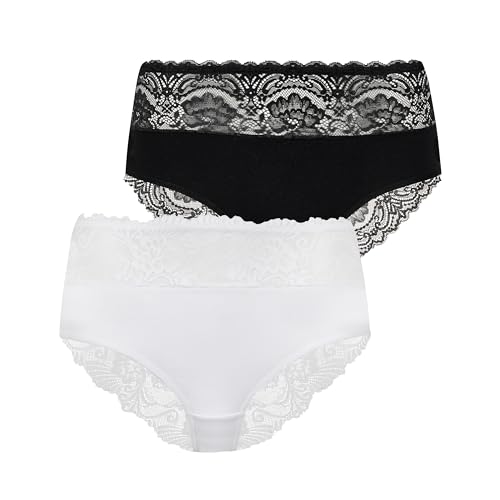 Evoni Damen Unterwäsche Set l Brazilian Slips aus Baumwolle l sexy 2er Wäsche-Set mit Spitze l atmungsaktive Unterhosen XXL Schwarz+Weiß von Evoni