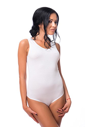 Evoni Damenbody Größen | Damen Overall Bodysuit mit Rundhals | breite Träger | Verschluß-Haken | Unterzieh-Body mit optimaler Passform | sportlicher Damen-Body, Weiß, M von Evoni