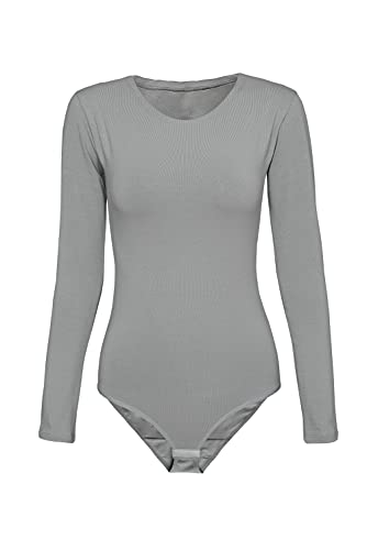 Evoni Damen Body langarm I blickdichter Bodysuit mit Rundhals für Frauen I Langarmbody in verschiedenen Farben I Body Shaper aus Baumwolle I Jumpsuit XXL Grau von Evoni