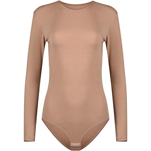 Evoni Damenbody | Overall Bodysuit mit Rundhals für Frauen | Langarm-Body in verschiedenen Farben | Optimale Alternative für Sport & Freizeit | Eleganter Jumpsuit(Medium, Hellbraun) von Evoni