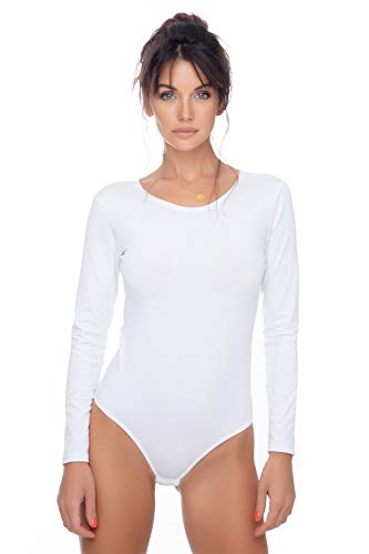 Evoni Damenbody Overall Bodysuit mit Rundhals für Frauen Langarm-Body in verschiedenen Farben Optimale Alternative für Sport, XL, Weiß von Evoni