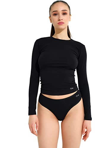 Evoni Frauen Unterwäsche aus Baumwolle I 2teiliges Wäsche Set für Damen - enges Langarmshirt & Brasilien Damen Slip I Sexy Dessous Set I S, Schwarz von Evoni