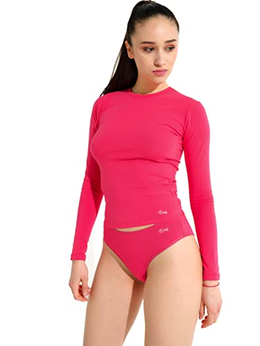 Evoni Frauen Unterwäsche aus Baumwolle I 2teiliges Wäsche Set für Damen - enges Langarmshirt & Brasilien Damen Slip I Sexy Dessous Set I S, Viva Magenta von Evoni