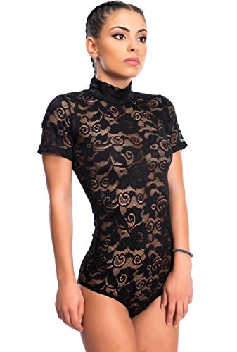 Evoni Kurzarmbody mit Halbkragen Spitze L schwarz von Evoni