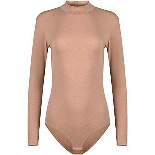 Evoni Damen Body langarm I blickdichter Bodysuit mit Halbkragen für Frauen I Langarmbody aus Baumwolle I Women Body Shaper I Jumpsuit L Hellbraun von Evoni