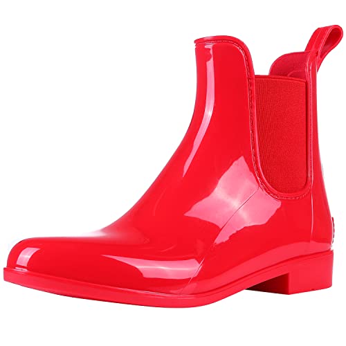 Evshine Damen Kurze Stiefeletten Regenstiefel Leicht Chelsea Regenstiefel Gummi Wasserdichte Stiefel, Rot/Ausflug, einfarbig (Getaway Solids), 37 EU von Evshine