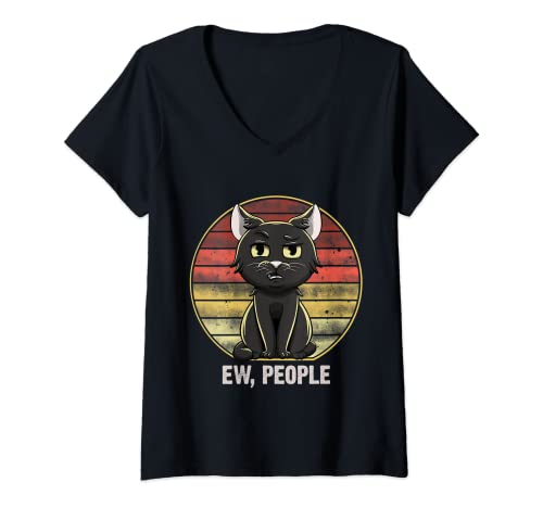 Damen Ew People Vintage-T-Shirt mit Katzenmotiv, Schwarz T-Shirt mit V-Ausschnitt Damen Ew People Vintage-T-Shirt mit Katzenmotiv, Schwarz T-Shirt mit V-Ausschnitt von Ew people Vintage Black cat Anti social introvert