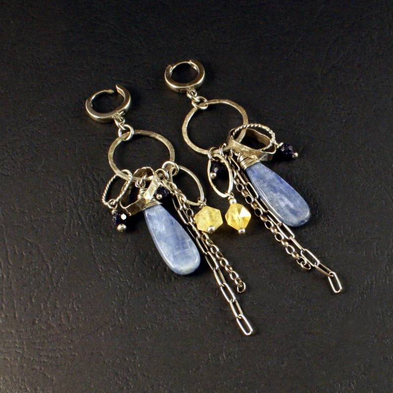 sterling Silber Boho Ohrringe, Blaue Edelstein Lange Ohrhänger, Kyanit, Moderner Schmuck von Ewasko