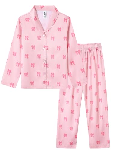 Ewbob Kinder Mädchen Schlafanzüge Langarm,Herbst Winter Pyjama Set,Teenager Satin Schlafanzug,Pyjama für Mädchen-C16-001-Pink-11-12 Jahre von Ewbob