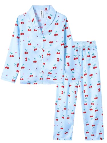Ewbob Kinder Mädchen Schlafanzüge Langarm,Herbst Winter Pyjama Set,Teenager Satin Schlafanzug,Pyjama für Mädchen-C16-002-Blue-13-14Jahre von Ewbob