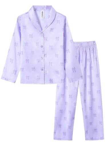 Ewbob Kinder Mädchen Schlafanzüge Langarm,Herbst Winter Pyjama Set,Teenager Satin Schlafanzug,Pyjama für Mädchen-C16-003-Purple-9-10Jahre von Ewbob