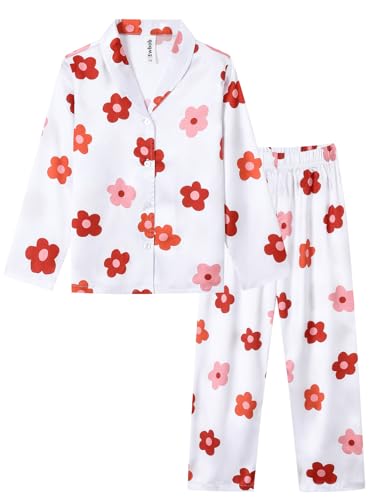 Ewbob Kinder Mädchen Schlafanzüge Langarm,Herbst Winter Pyjama Set,Teenager Satin Schlafanzug,Pyjama für Mädchen-C16-004-White-9-10Jahre von Ewbob
