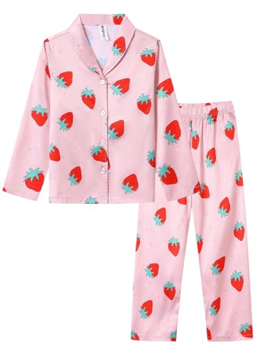 Ewbob Kinder Mädchen Schlafanzüge Langarm,Herbst Winter Pyjama Set,Teenager Satin Schlafanzug,Pyjama für Mädchen-C16-005-Pink Strawberry-5-6Jahre von Ewbob