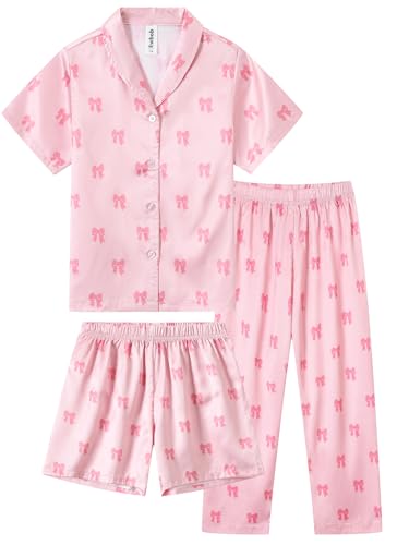 Ewbob Kinder Mädchen Schlafanzüge Langarm,Herbst Winter Pyjama Set,Teenager Satin Schlafanzug,Pyjama für Mädchen-C16-006-Pink-3pcs-11-12Jahre von Ewbob