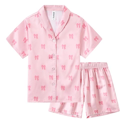 Ewbob Schlafanzug Mädchen Kurz Bequem,Sommer Kinder Pyjama,Teenager Satin Schlafanzug,Weiche Pyjama Kurzarm und Shorts Set-C9-001-Pink Bow-13-14Jahre von Ewbob