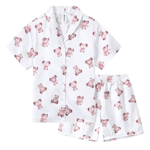 Ewbob Schlafanzug Mädchen Kurz Bequem,Sommer Kinder Pyjama,Teenager Satin Schlafanzug,Weiche Pyjama Kurzarm und Shorts Set-C9-002-Beige Bear-7-8Jahre von Ewbob