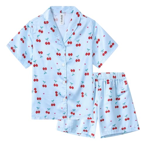 Ewbob Schlafanzug Mädchen Kurz Bequem,Sommer Kinder Pyjama,Teenager Satin Schlafanzug,Weiche Pyjama Kurzarm und Shorts Set-C9-003-Blue Cherry-11-12Jahre von Ewbob
