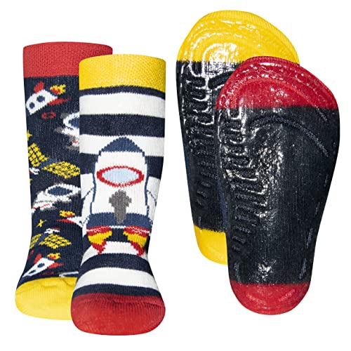 EWERS 2er-Pack Rakete Astronaut Stoppersocken SoftStep, Socken mit Antirutschsohle für Jungen, Anti-Rutsch-Socken mit Gummisohle, 2 Paar rutschfeste Kindersocken für Jungs, Größe 19-20 von EWERS