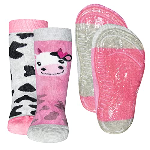 EWERS 2er-Pack Stoppersocken mit Motiv Kuh & Kuhflecken, Socken mit Antirutschsohle für Mädchen, Anti-Rutsch-Socken mit Gummisohle, MADE IN GERMANY, 2 Paar rutschfeste Kindersocken, Größe 19-20 von EWERS