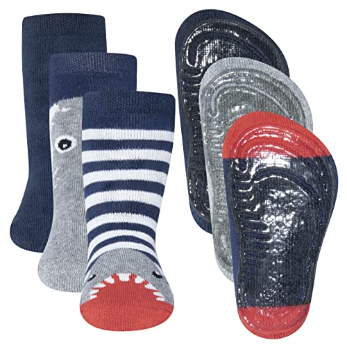 EWERS 3er-Pack Haifisch Stoppersocken SoftStep, Socken mit Antirutschsohle für Jungen, Anti-Rutsch-Socken mit Gummisohle, MADE IN GERMANY, 3 Paar rutschfeste Kindersocken für Jungs, Größe 18-19 von EWERS