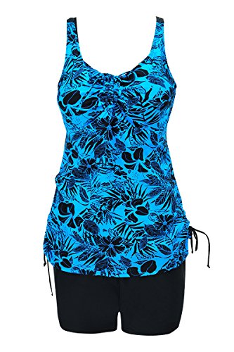 EwigYou Damen Große Größen Zweiteiliger Badeanzug Retro Tankini mit Bügel Push Up Bauchweg Bademode, Blaue Blumen, EU 52-54/Herstellergröße 64 von EwigYou