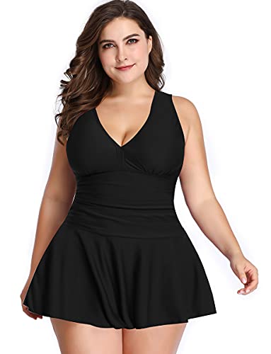 EwigYou Damen Große Größen Badekleid Zweiteiliger Retro V-Ausschnitt Badeanzug Bauchweg Bademode Figurformende Badebekleidung mit Raffnung EU 48/Herstallergröße XXL Schwarz von EwigYou