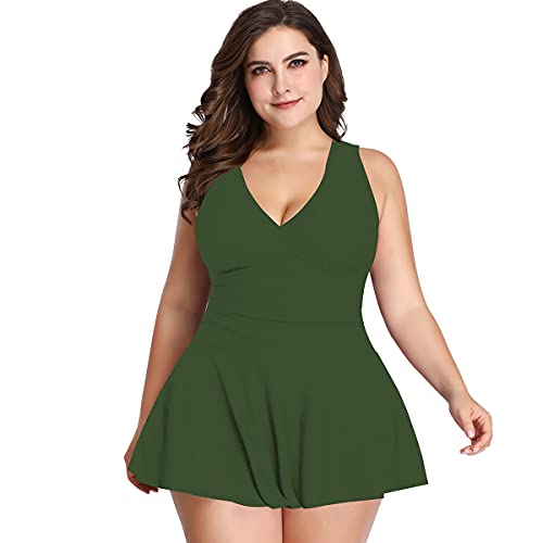 EwigYou Damen Große Größen Badekleid Zweiteiliger Retro V-Ausschnitt Badeanzug Bauchweg Bademode Figurformende Badebekleidung mit Raffnung EU 48/Herstallergröße XXL Armeegrün von EwigYou