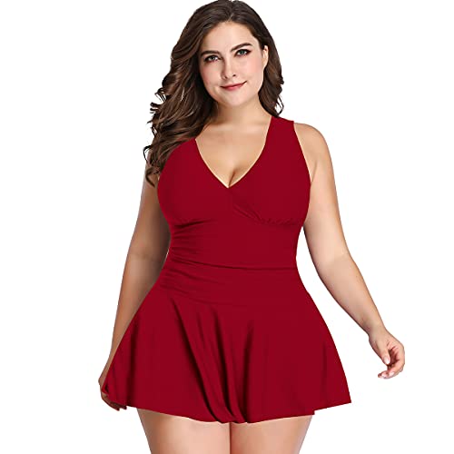 EwigYou Damen Große Größen Badekleid Zweiteiliger Retro V-Ausschnitt Badeanzug Bauchweg Bademode Figurformende Badebekleidung mit Raffnung EU 52/Herstallergröße 4XL Weinrot von EwigYou