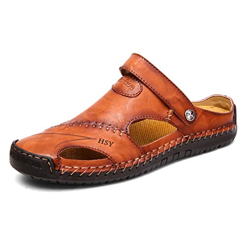 EwigYou Herren Rindleder Geschlossene Sandalen Männer Wandersandalen Strandschuhe Ledersandalen Sommer Slipper Loafer Dunkelbraun 39 von EwigYou