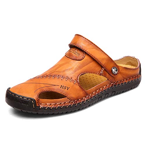 EwigYou Herren Rindleder Geschlossene Sandalen Männer Wandersandalen Strandschuhe Ledersandalen Sommer Slipper Loafer Hellbraun 39 von EwigYou