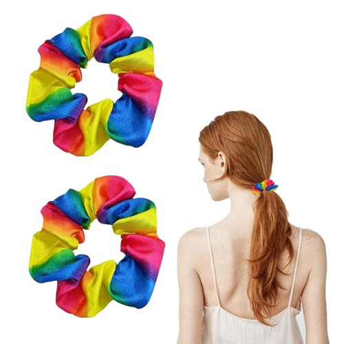 Regenbogen-Haargummis für Damen und Mädchen – 2 Stück Regenbogen-Haargummis, Satin-Haargummis, elastische Haarbänder, Pferdeschwanz-Halter, weiches Haargummi, LGBTQ Pride, Haarschmuck für dickes von Ewlpi