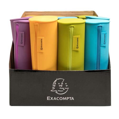 EXACOMPTA - Ref. 52390E – Karton mit 14 runden Federmäppchen, Pop'NCo – aus Silikon – widerstandsfähig und waschbar – Material angenehm anzufassen – Maße: 23 x 8 cm – 4 Farben: Cyan, Lila, Mangofeile von Exacompta