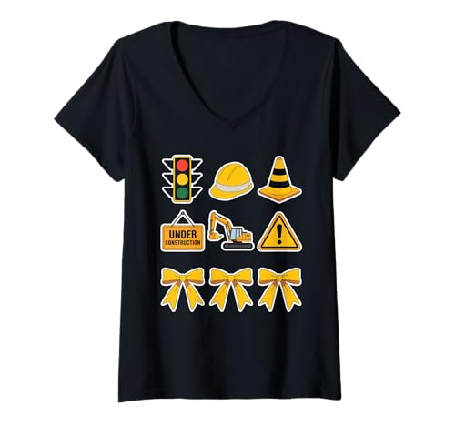 Damen Funny Under Construction Spruch Humorvoller Baumeister Stil T-Shirt mit V-Ausschnitt von Excavator Hard Hat Cone Traffic Safety Worker