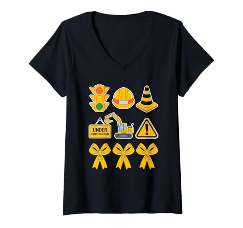 Damen Funny Under Construction Spruch Humorvoller Baumeister Stil T-Shirt mit V-Ausschnitt von Excavator Hard Hat Cone Traffic Safety Worker