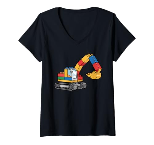 Damen Master Builder Bagger Brick Blocks Builders Boys Graphic T-Shirt mit V-Ausschnitt Damen Master Builder Bagger Brick Blocks Builders Boys Graphic T-Shirt mit V-Ausschnitt von Excavator Master Building Brick Block Construction