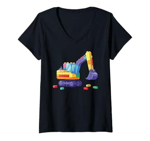 Damen Master Builder Bagger Brick Blocks Builders Boys Graphic T-Shirt mit V-Ausschnitt Damen Master Builder Bagger Brick Blocks Builders Boys Graphic T-Shirt mit V-Ausschnitt von Excavator Master Building Brick Block Construction