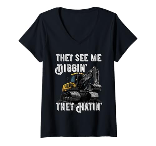 Damen Bagger Baufahrzeug Bagger They See Me Digging T-Shirt mit V-Ausschnitt Damen Bagger Baufahrzeug Bagger They See Me Digging T-Shirt mit V-Ausschnitt von Excavator Operator Tracked Digging Bucket